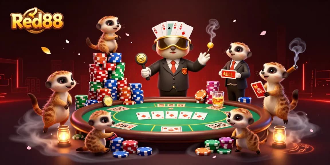 Experience the excitement of Red88 with meerkats running a colorful casino scene, showcasing poker elements.