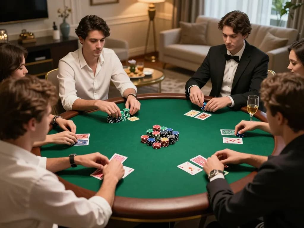 Friends enjoying a poker game night at home, engaging with uu88 themed strategies.