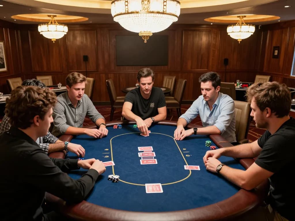 Engage in a strategic poker game on tle-online, showcasing intense player interactions and luxury decor.