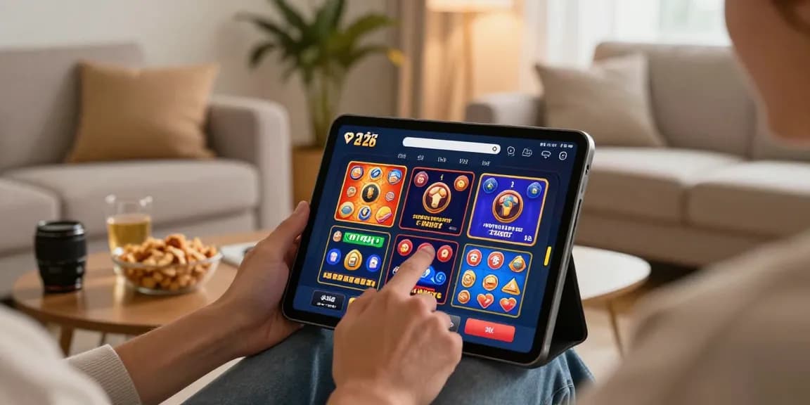 Player exploring best new online casinos on a tablet in a cozy living room setting.