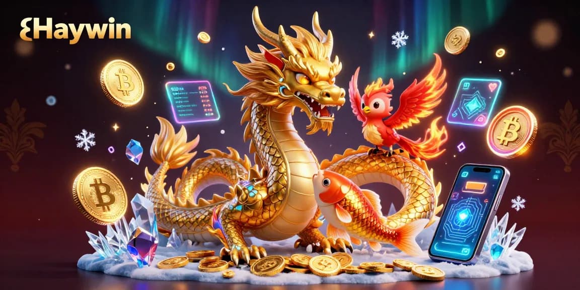 Haywin showcases fierce dragon and phoenix amidst vibrant coins in an engaging gaming scene.