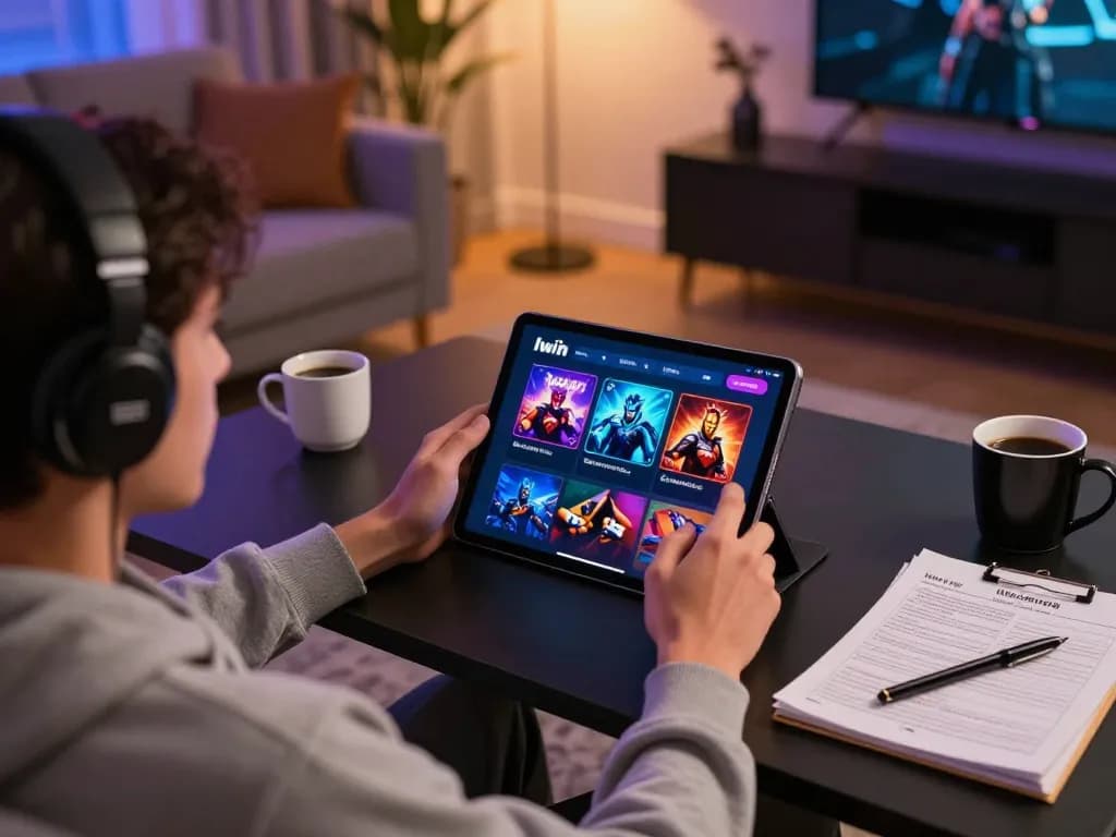 Iwin player engaging with casino app on tablet in a cozy gaming setup
