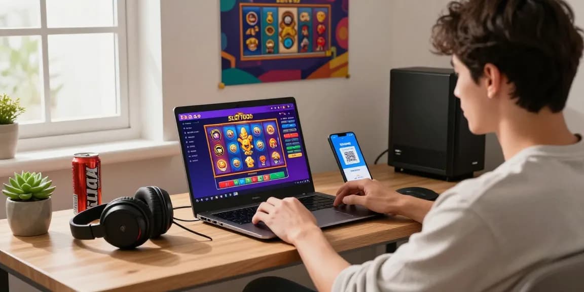 Exciting SLOT7000 gaming experience at home with vibrant slot graphics and user engaging through QRIS payments.