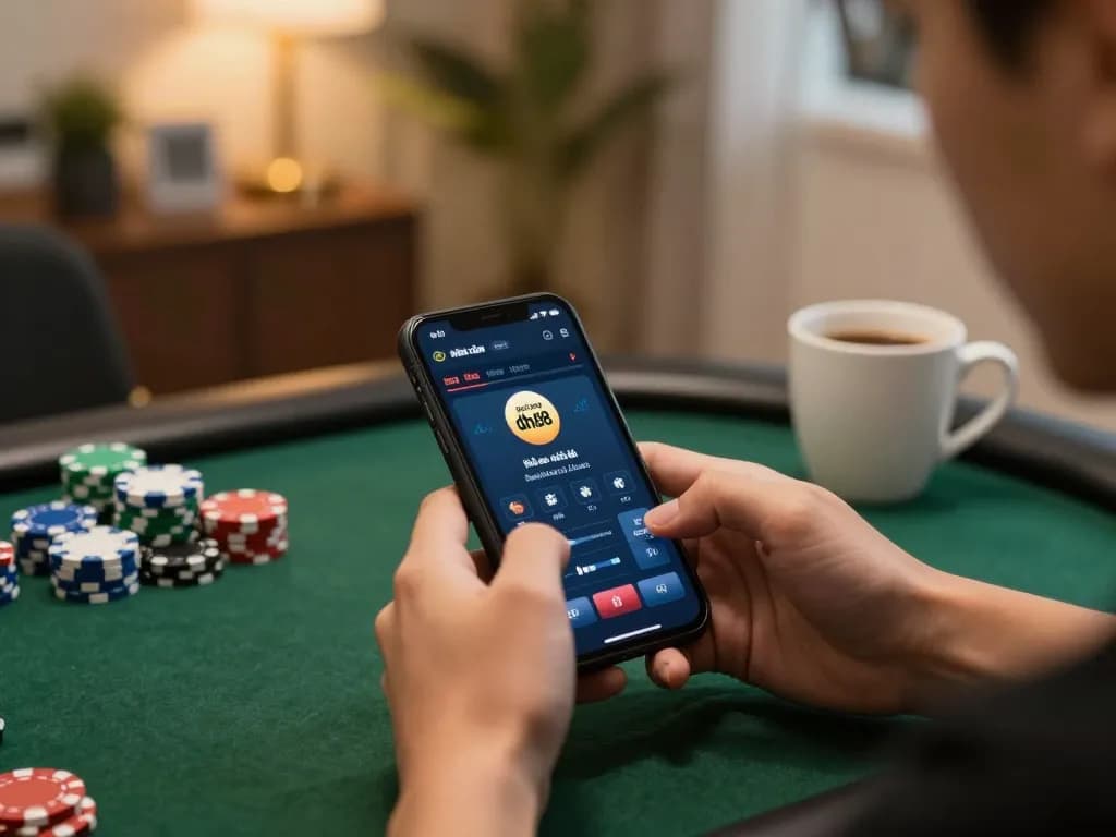 Excited player engaging with nhà cái dh88 mobile betting app in cozy home environment