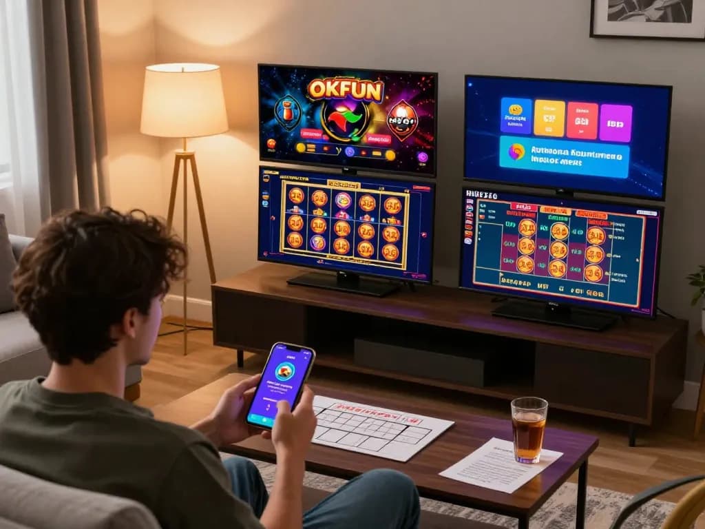 Engaging with the OKFUN app for online gaming while enjoying a cozy home atmosphere.