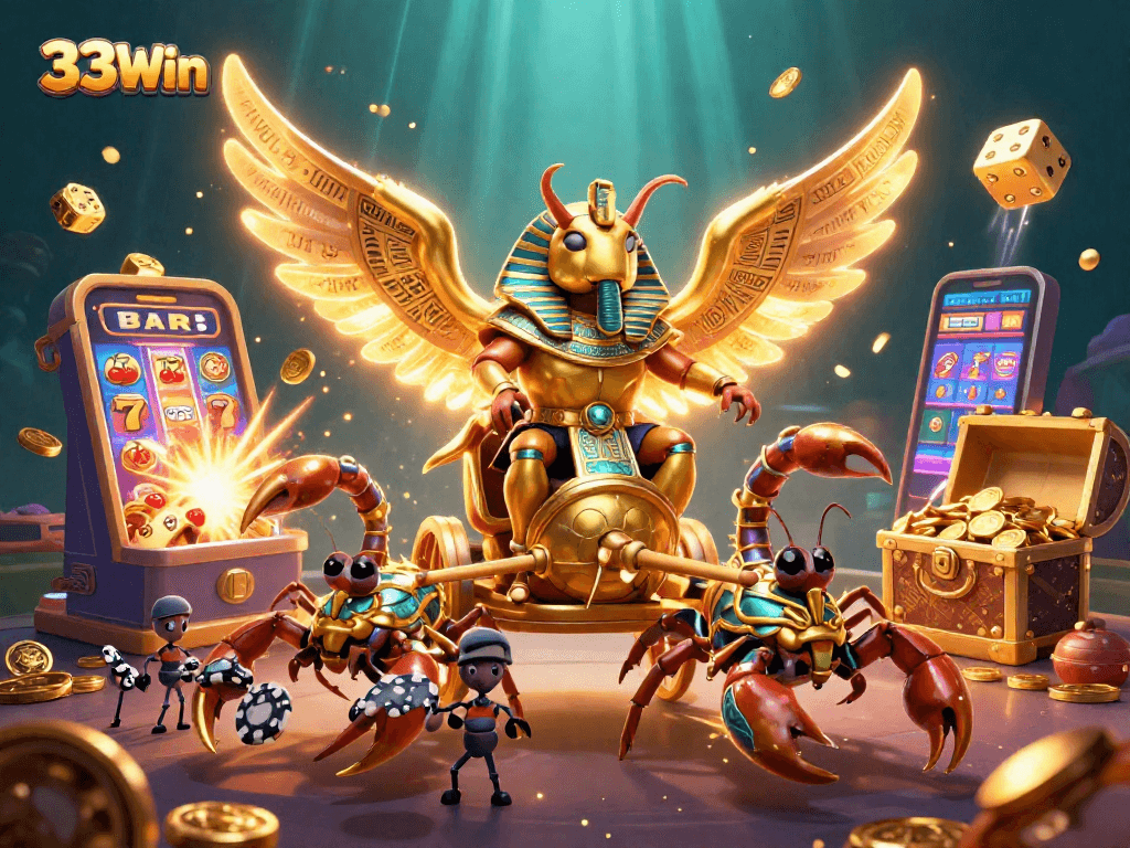 Join the action at 33Win with a vibrant casino scene featuring slots, poker chips, and dramatic characters.