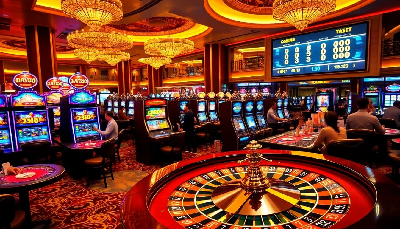 Engaging scene of players enjoying nổ hũ slot machines in a vibrant casino setting.