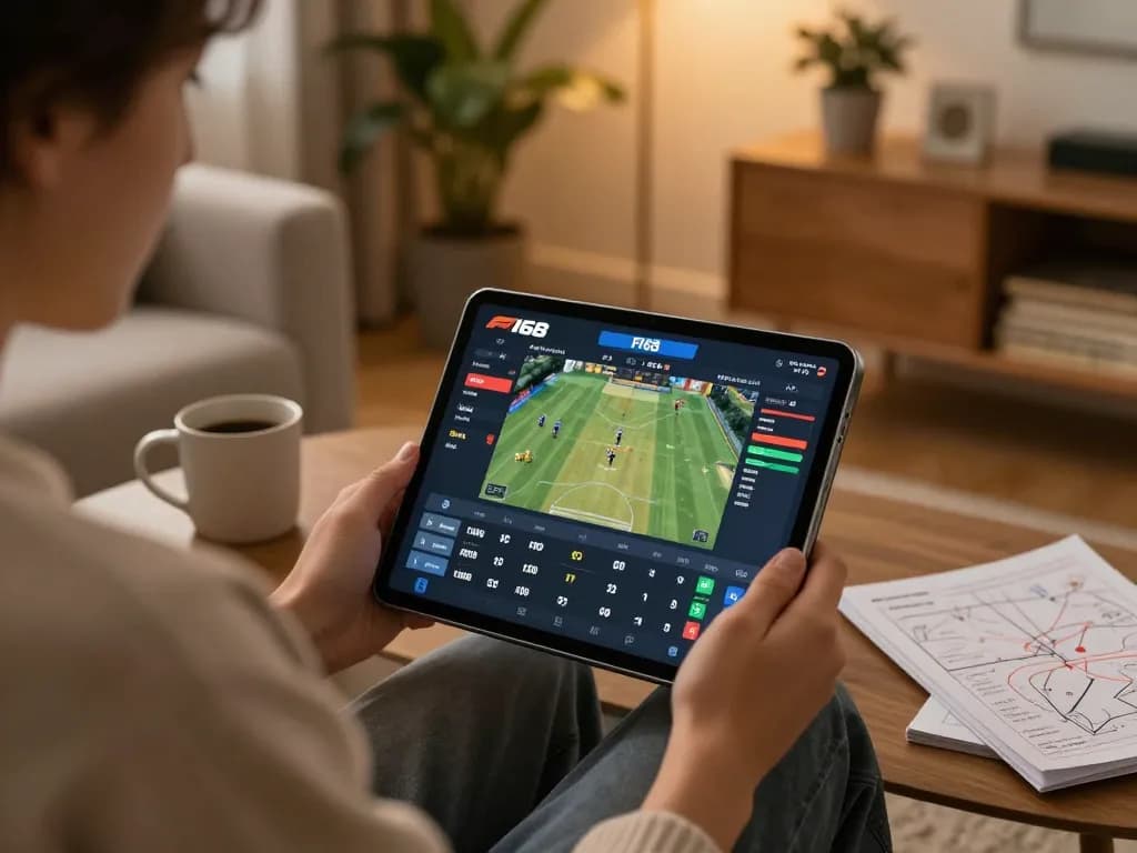 Engaging user participating in F168 online betting on a tablet in a cozy home environment.