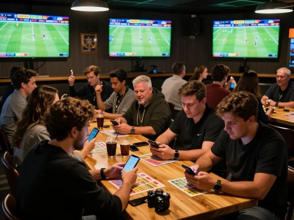 Tỷ Lệ Bóng Đá displayed on screens while excited patrons place bets in a vibrant sports bar.