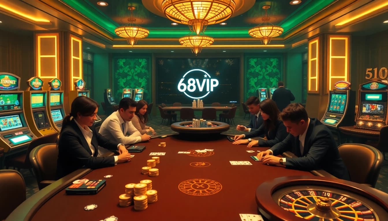 Experience the thrilling atmosphere at 68VIP casino with engaged players and vibrant gaming activity.