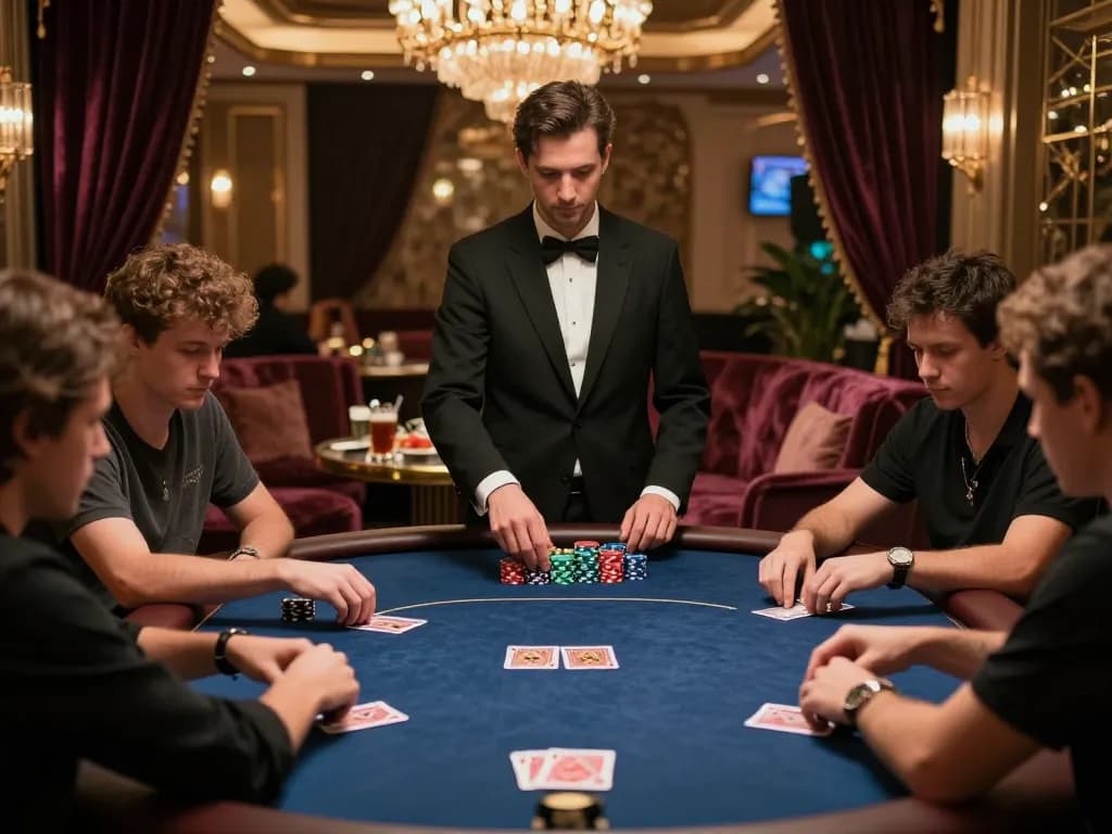 Players engage in high-stakes poker at vipwin's exclusive gaming lounge, showing luxury and intensity.