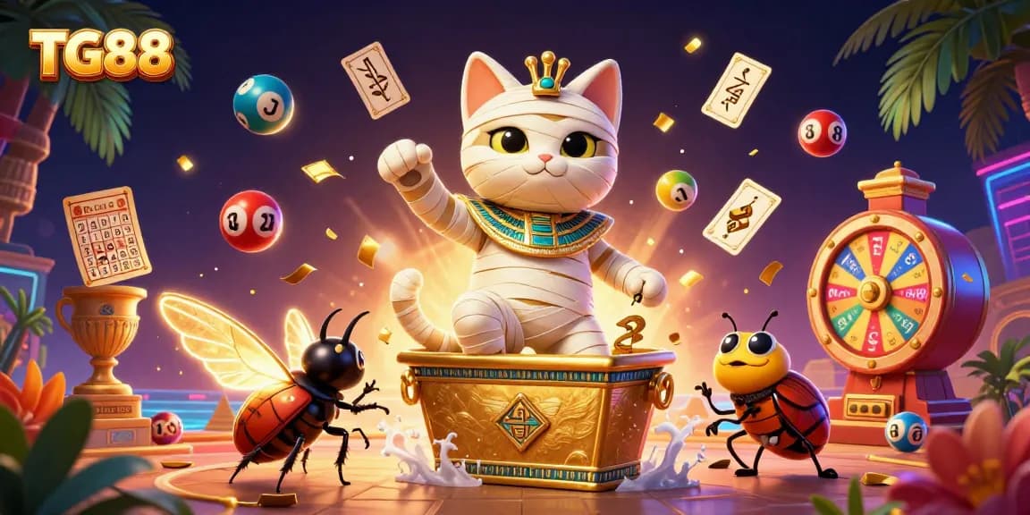Engage with TG88's dynamic lottery scene featuring a cartoon mummy cat and golden games.