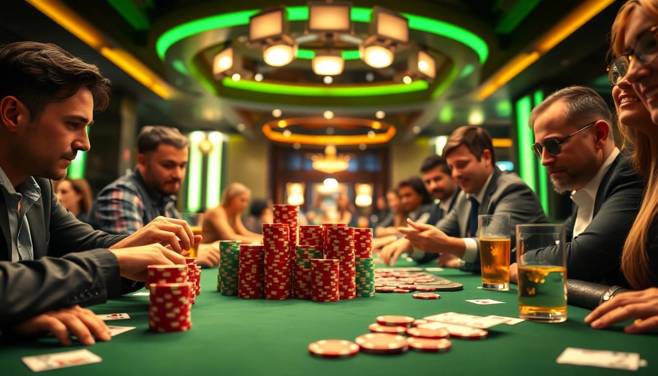 Permainan kasino Depo 5k Dana dengan pemain serius di meja poker yang bercahaya.