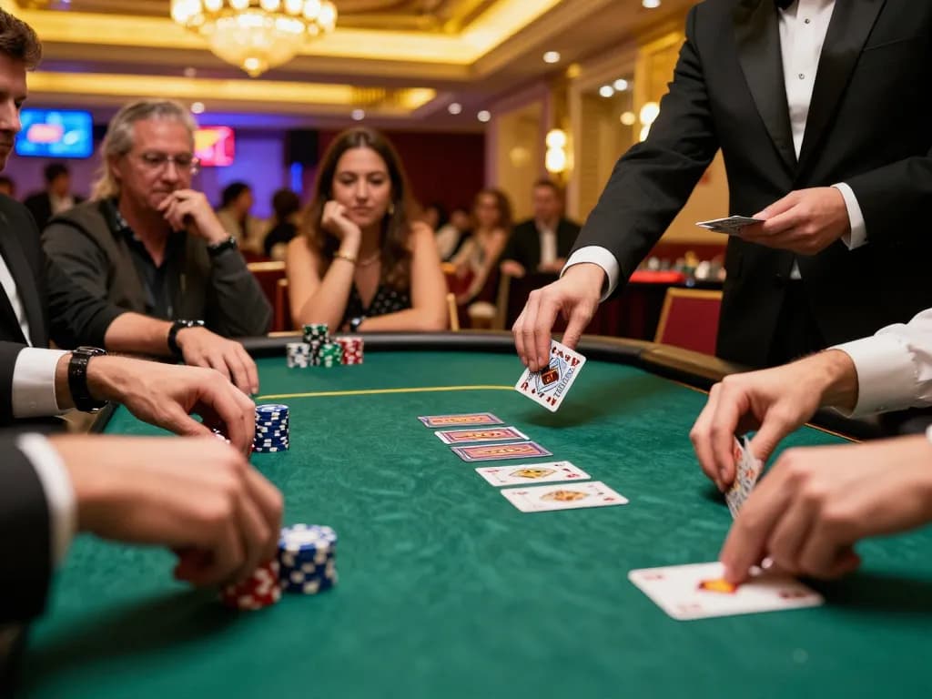 Players engaged in a thrilling NET88 poker game at a luxurious Vegas casino table