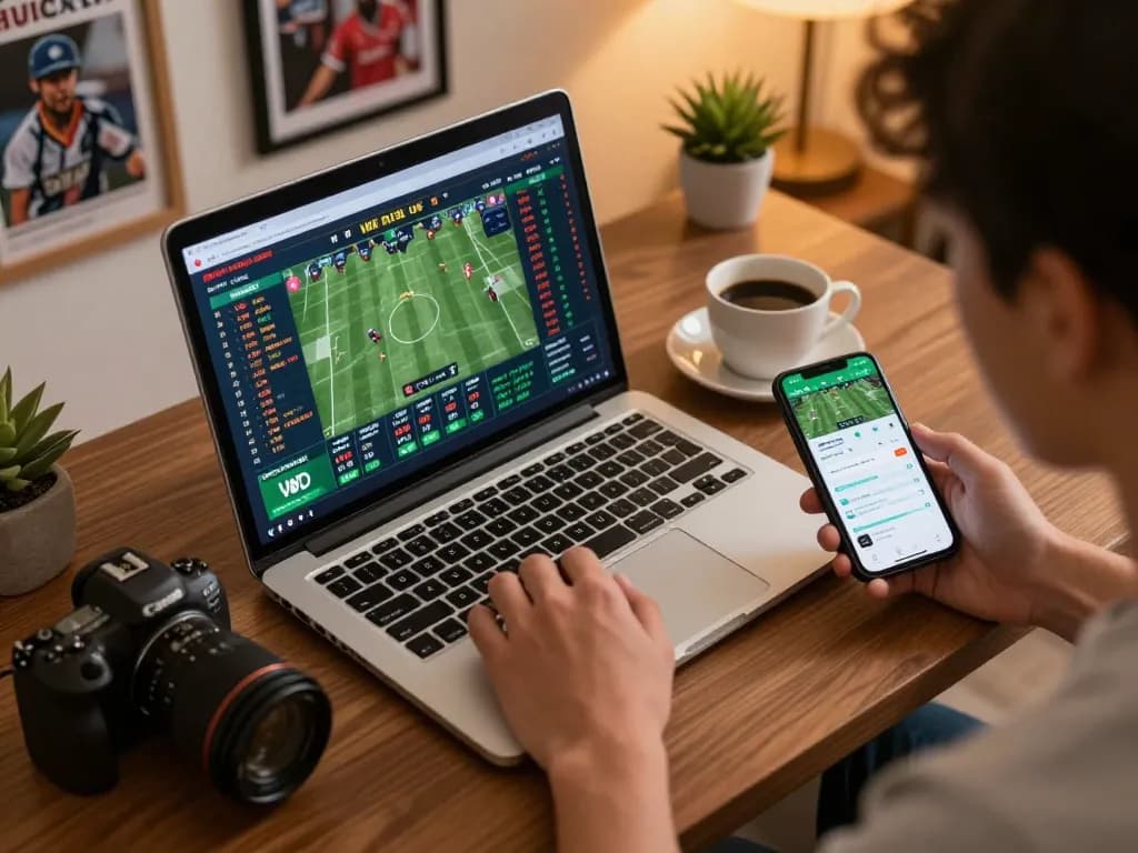Engaging in sports betting on king33 with laptop displaying live odds and match analytics.