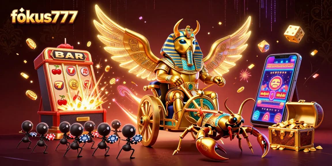 Experience the thrilling jackpots and excitement of fokus777 with vibrant casino elements surrounding a golden scarab scene.