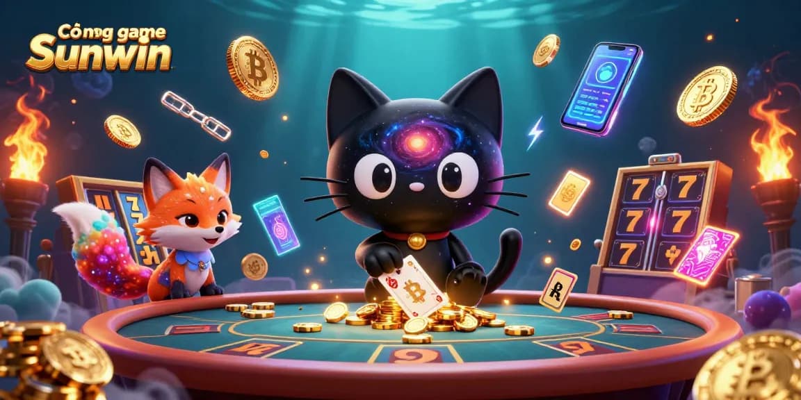 Cổng game Sunwin captivates players with a vibrant cosmic casino featuring a black hole cat and nebula fox.