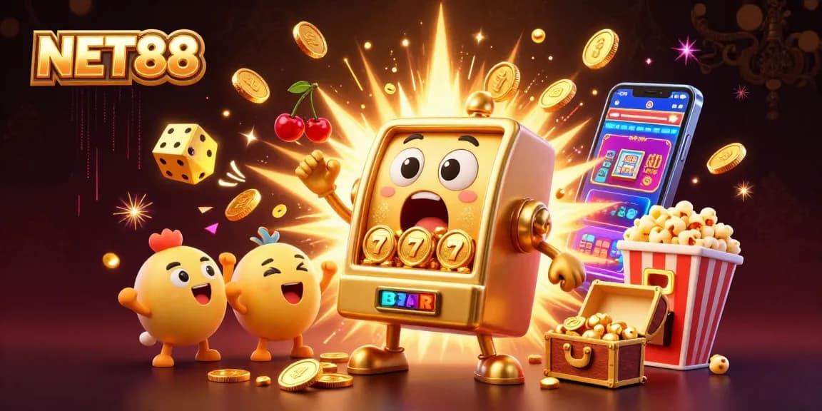 NET88 features a golden slot machine hitting a jackpot amidst coins and cheers, showcasing casino excitement.