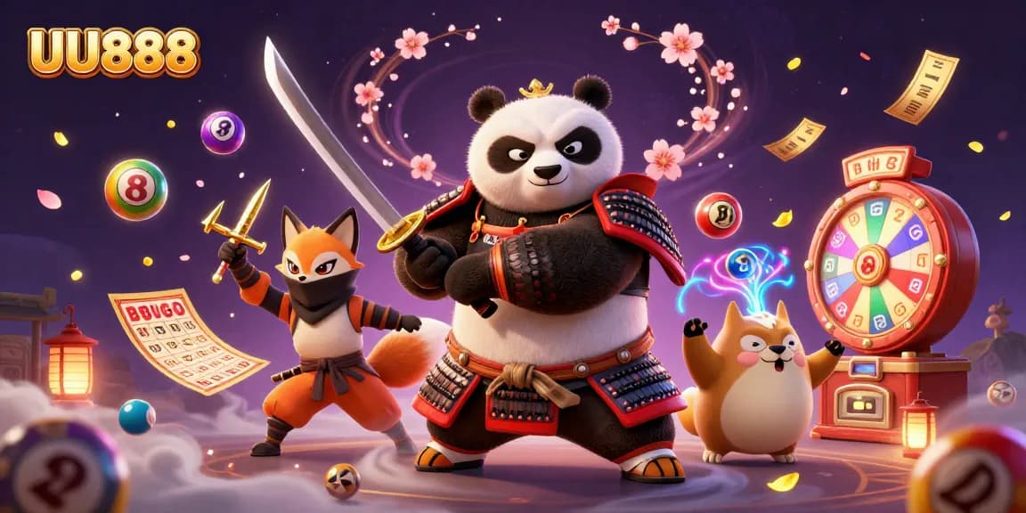 Engage in thrilling gameplay with UU888 as a cartoon samurai panda and companions surround dynamic lottery elements.
