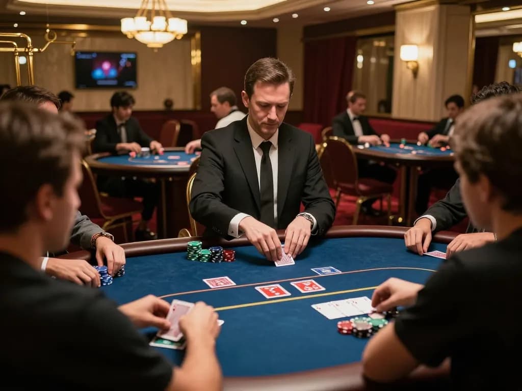 ww88com poker players strategizing with cards at a luxury casino table.