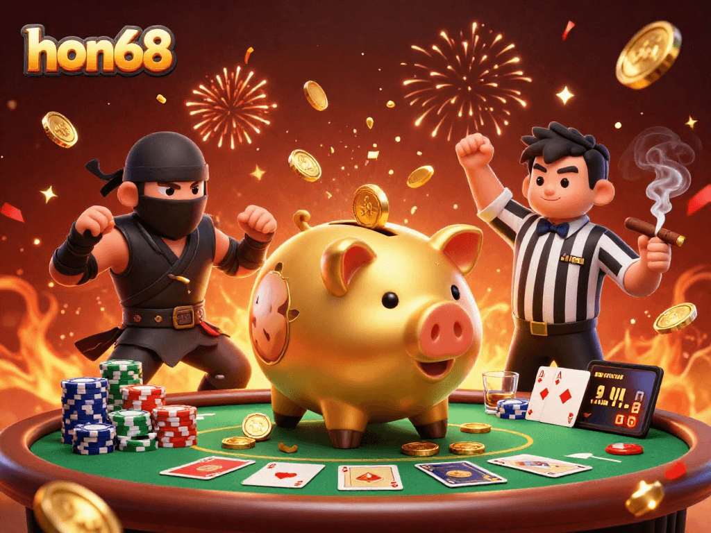 Experience the excitement of hon68 with a dynamic casino scene featuring a golden piggy bank sumo wrestler.