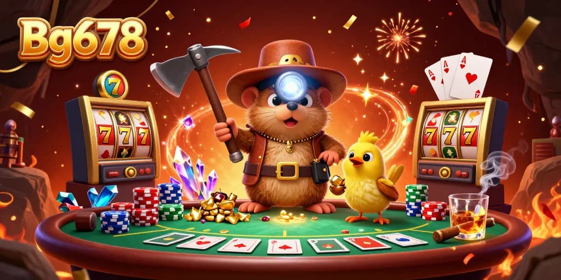 Experience thrilling gameplay with Bg678's dynamic casino scene featuring a treasure hunter and diverse slot elements.