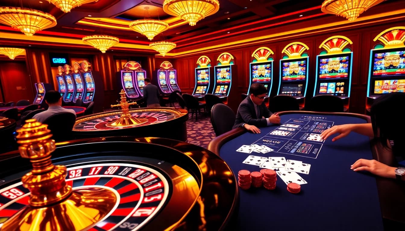 Experience the thrill of go88 gaming with a vibrant casino scene showcasing roulette and poker.