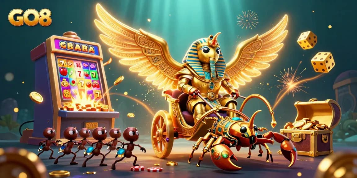 Experience GO8's vibrant casino world with a golden scarab beetle, scorpions, and slot machine jackpots.
