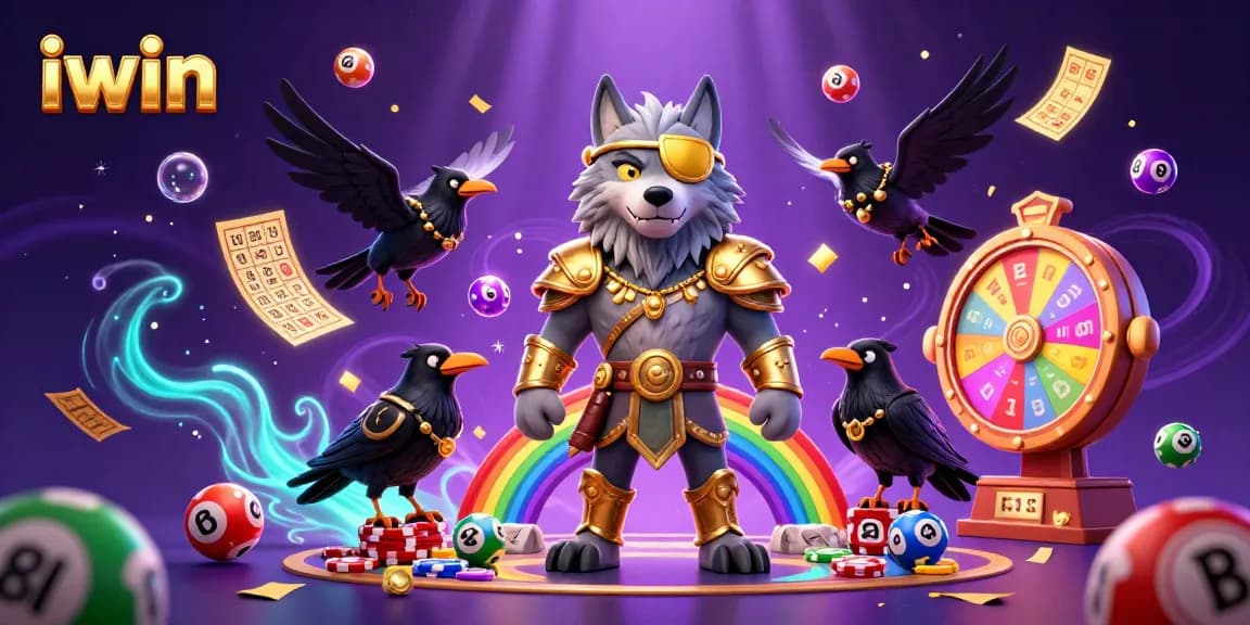 Play dynamic iwin lottery games amid vibrant casino-themed elements and Norse mythology character.