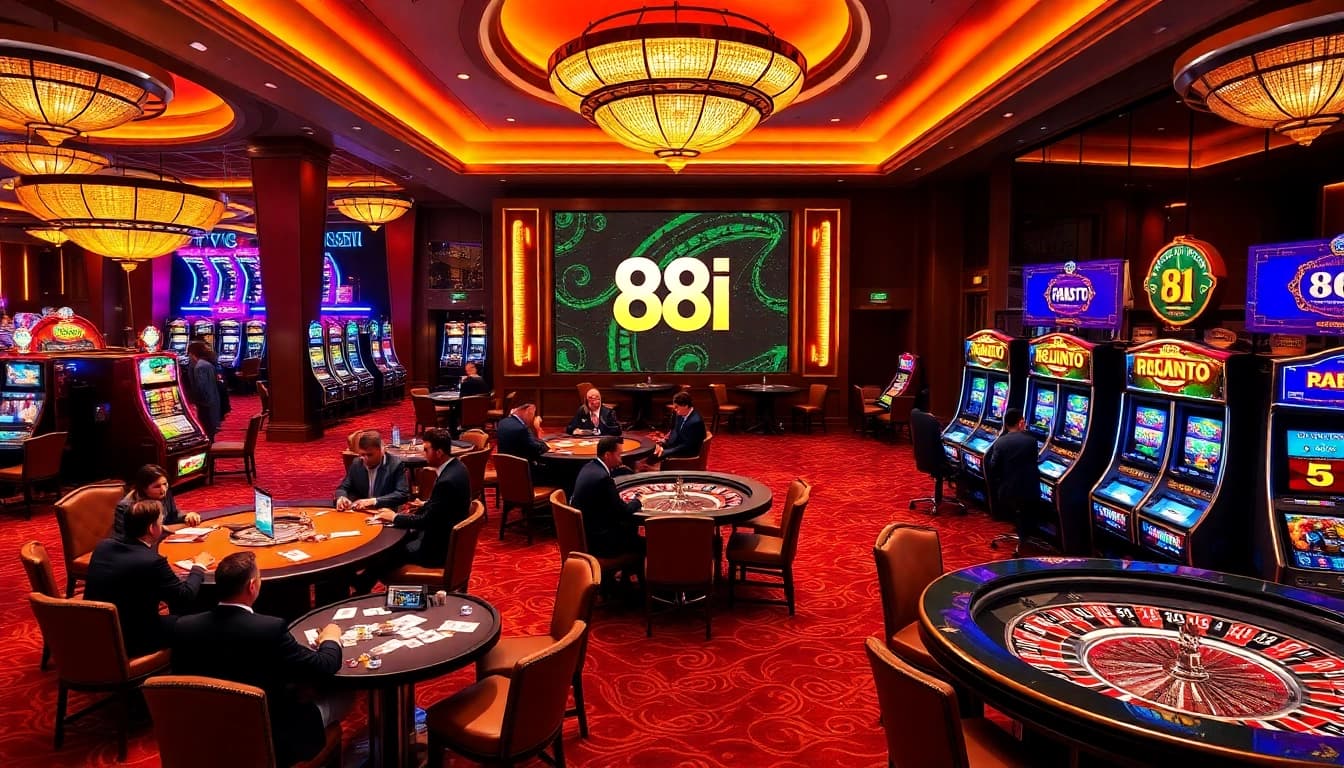 Players enjoying exciting games at 88I's vibrant casino, showcasing luxury and thrill.