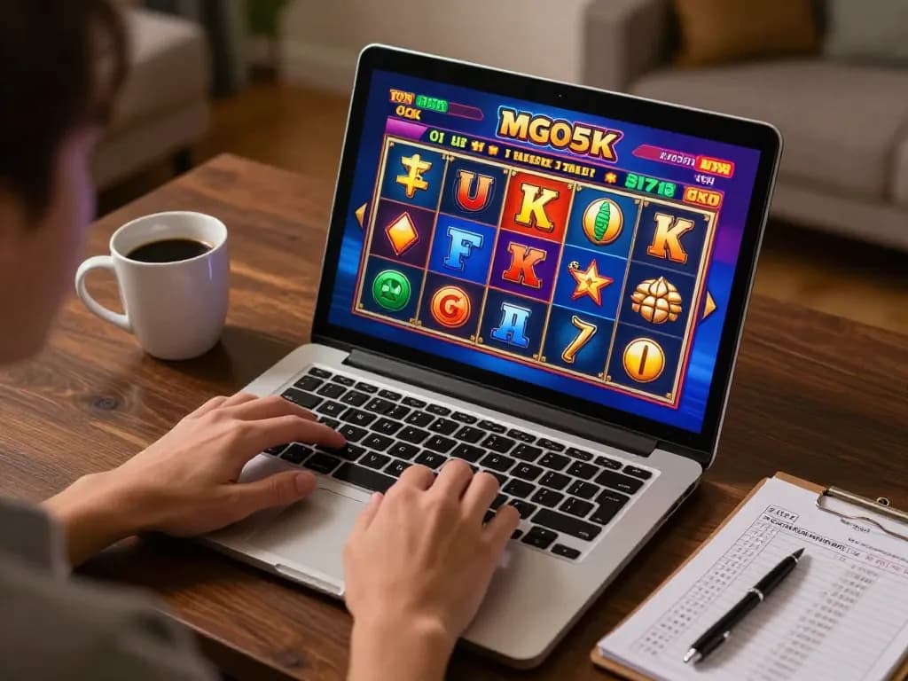 Player engaging with slot depo 5k online gaming interface, showcasing spinning reels and bankroll strategy notes.