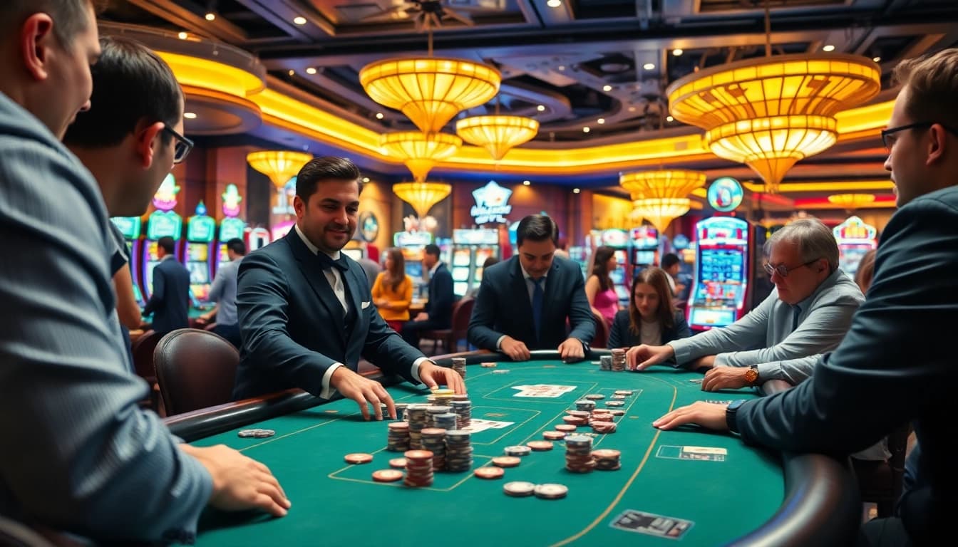 Menggambarkan ARAHTOGEL dalam suasana kasino yang meriah saat dealer bermain dengan pemain.
