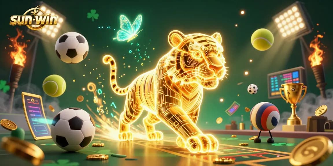 Experience thrill at sun-win with a neon golden tiger and vibrant casino elements.
