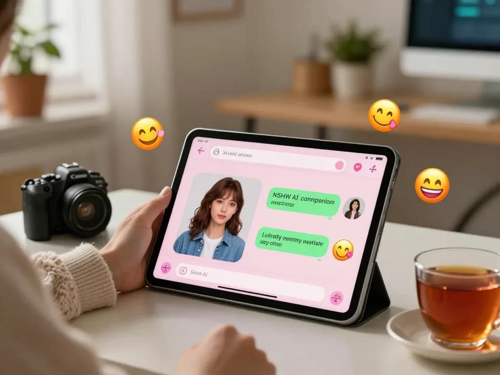 Interactive sex chat ai experience on a cozy home setup with tablet and tea.
