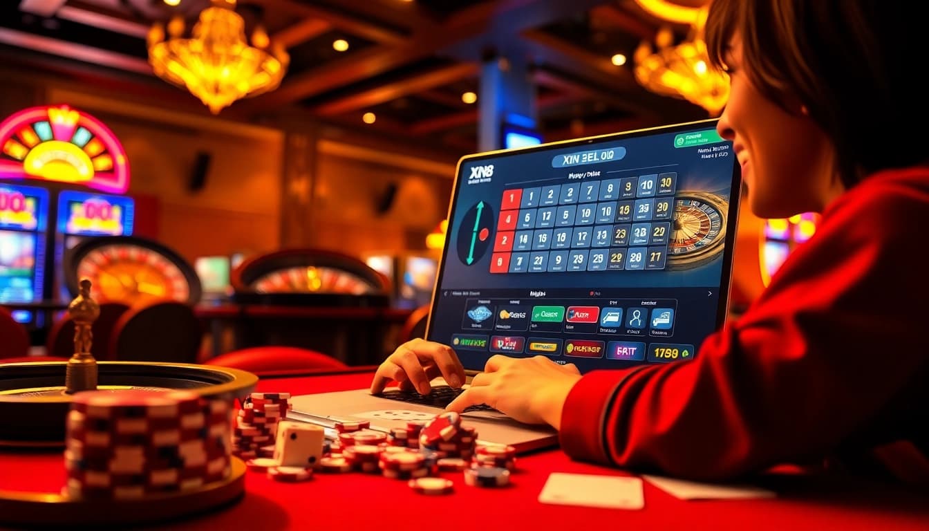 Engaging in nạp tiền xn88 with an exciting online gambling experience, featuring poker chips and a roulette wheel.