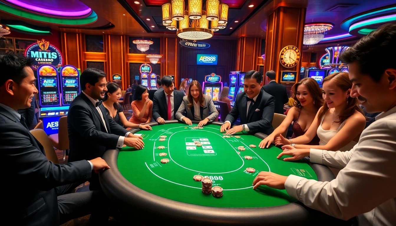 Players enjoying a thrilling game at AE888 casino with vibrant poker tables and excitement.