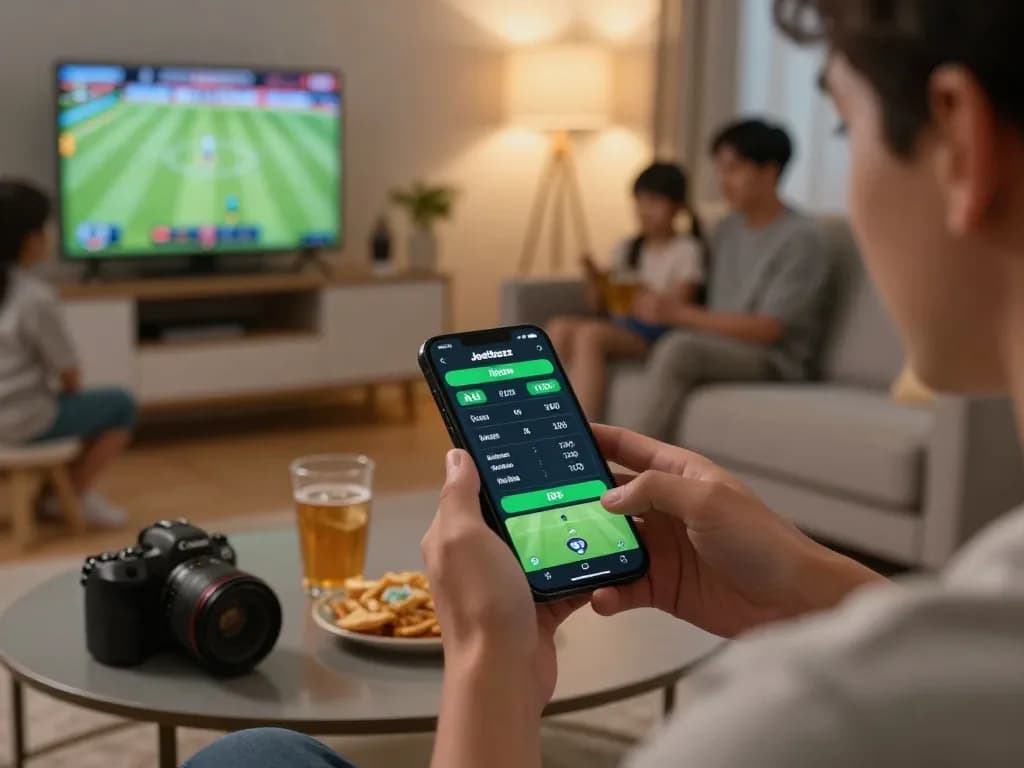 Betting on Jeetbuzz App with live sports odds in a cozy home setting
