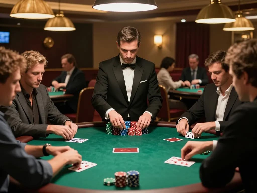 Players engaging in a strategic poker game at 32win casino, showcasing chips and dealer action.