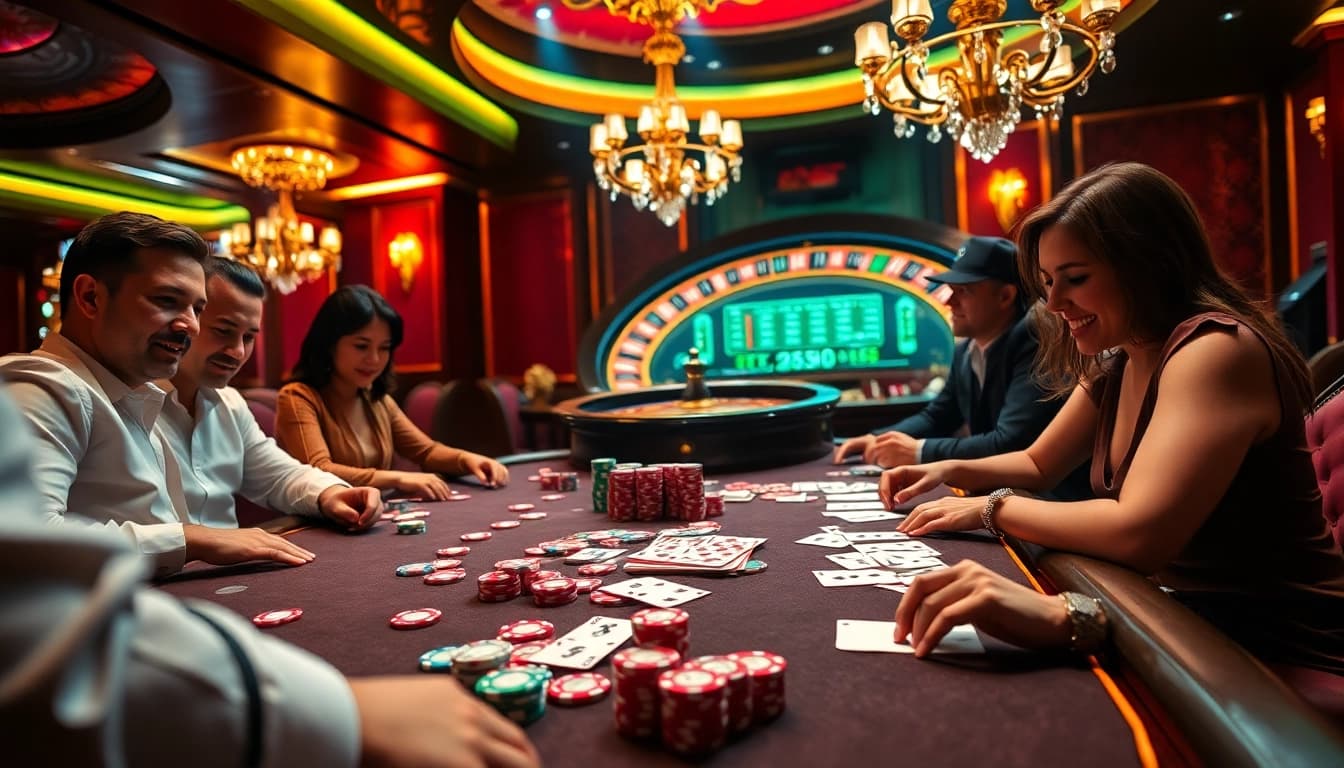 Players engaged in a high-stakes poker game at a casino promoting Link ok8386 with vibrant chips and cards.