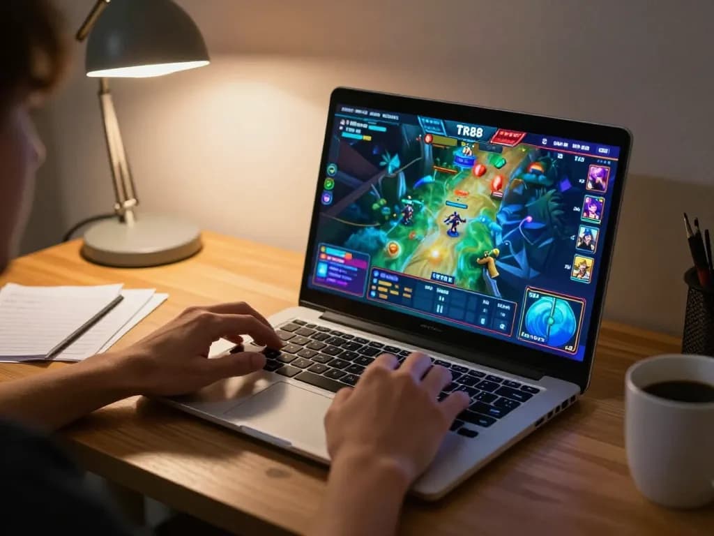 Engaging gameplay of Tr88 game on a laptop, showing strategic online gaming atmosphere at home.