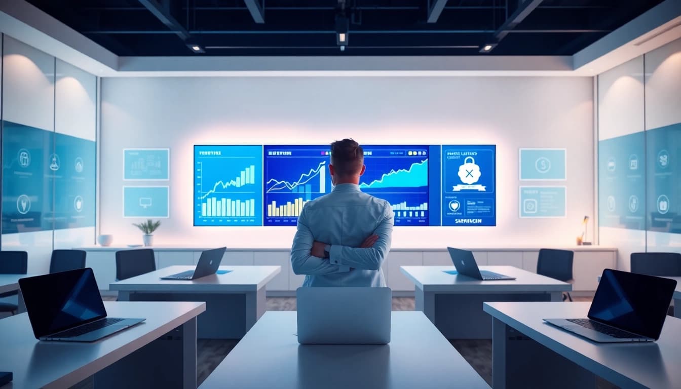 Modern financial office with digital charts, digital banking security, 79king related to online finance 2025