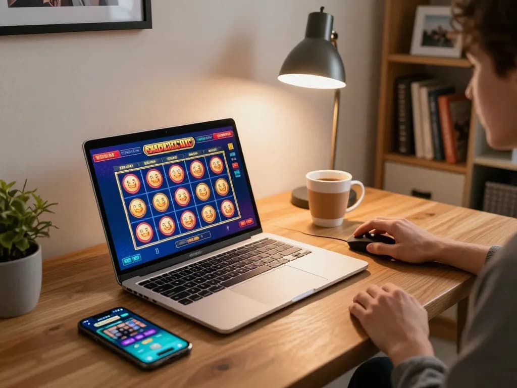 Bermain permainan slot online di pengaturan gaming rumah yang nyaman, menampilkan antarmuka laptop dan aplikasi smartphone.