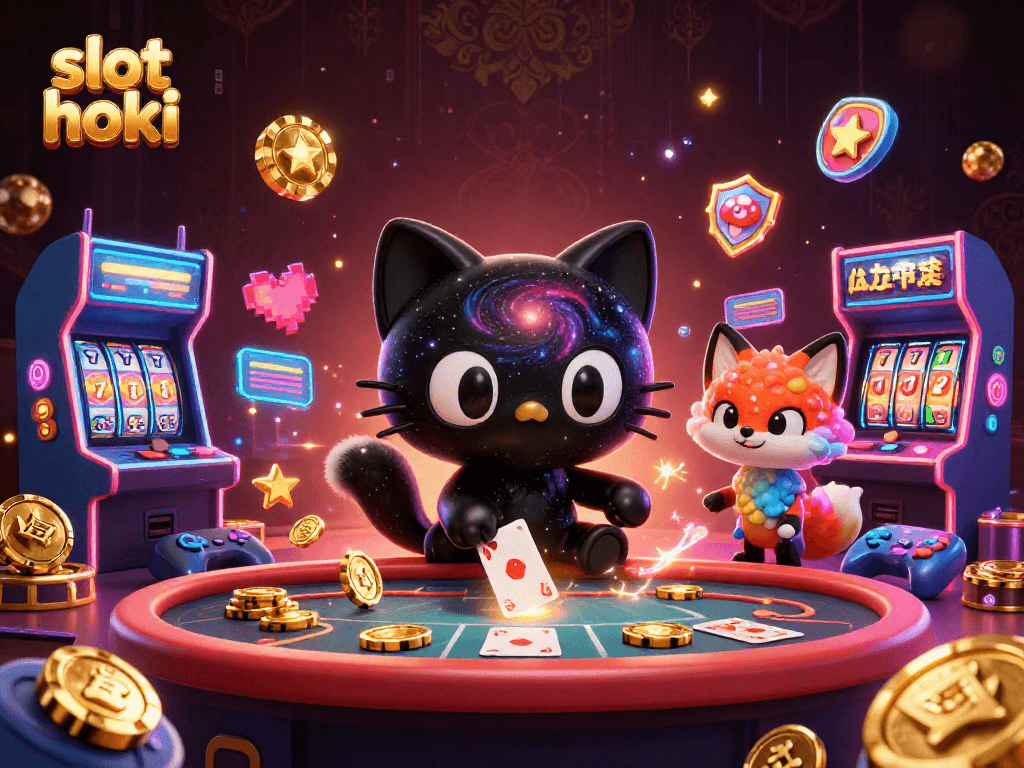 Experience slot hoki in this vibrant cosmic casino scene featuring colorful characters and game elements.