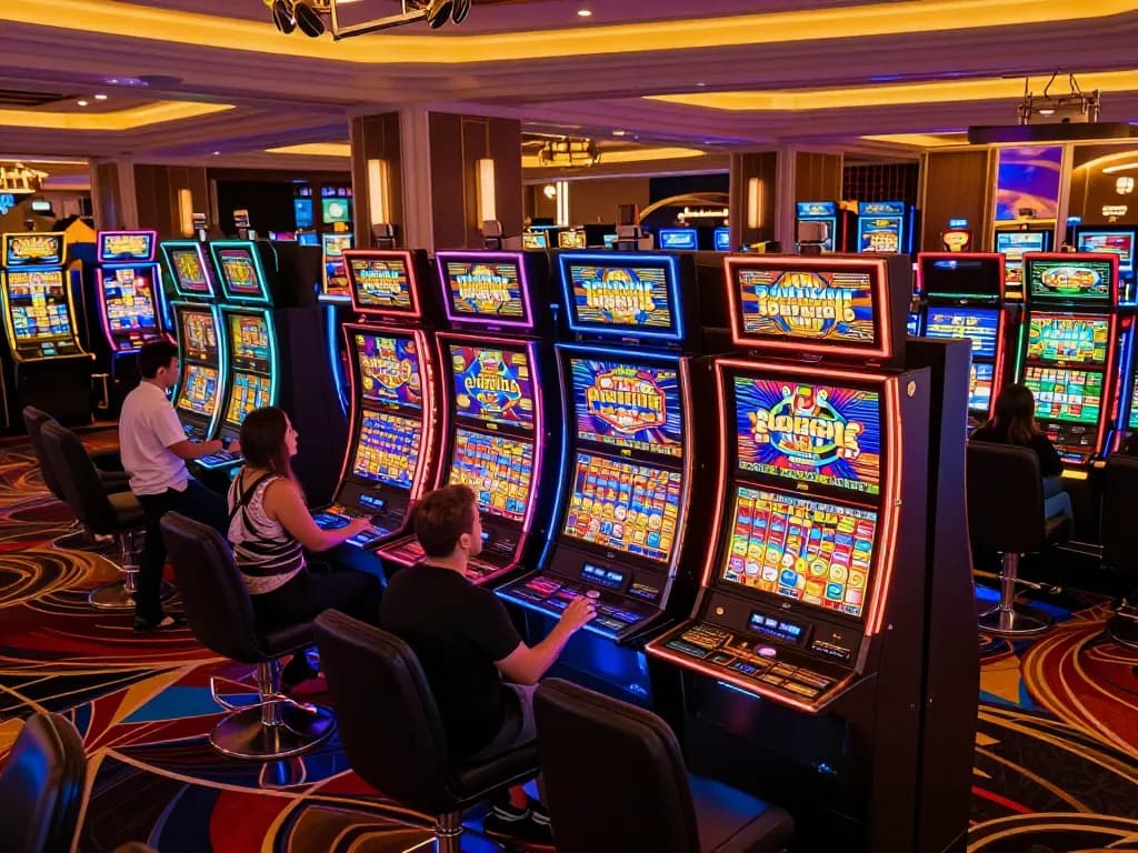 Players enjoying immersive experience at colorful situs slot gaming machines in vibrant casino environment.