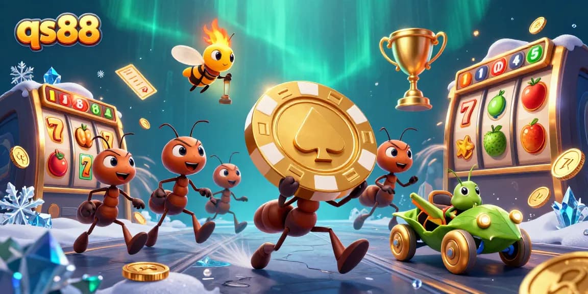 Experience qs88 with gambling excitement as cartoon ants carry a giant poker chip in this vibrant casino scene.