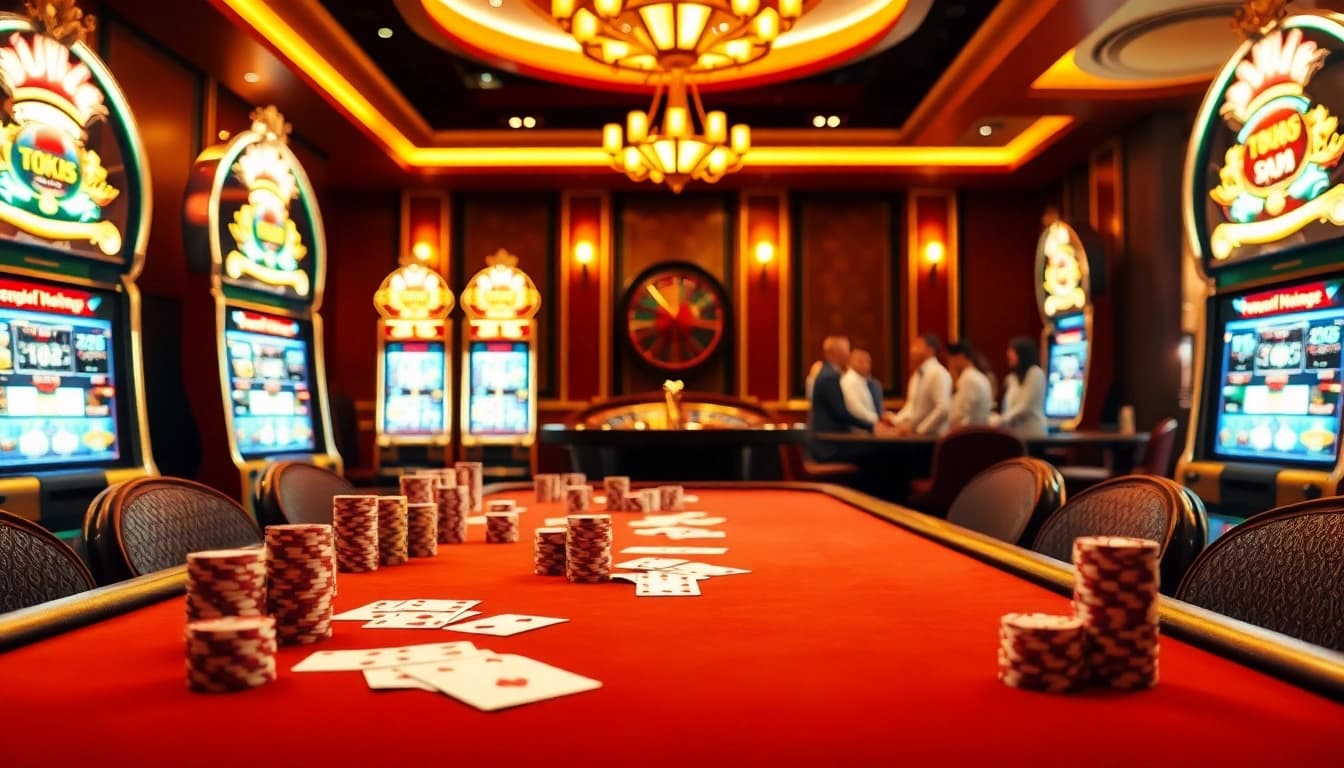 Experience the excitement of xin88 casino with players engaging in dynamic poker games at a luxurious casino table.