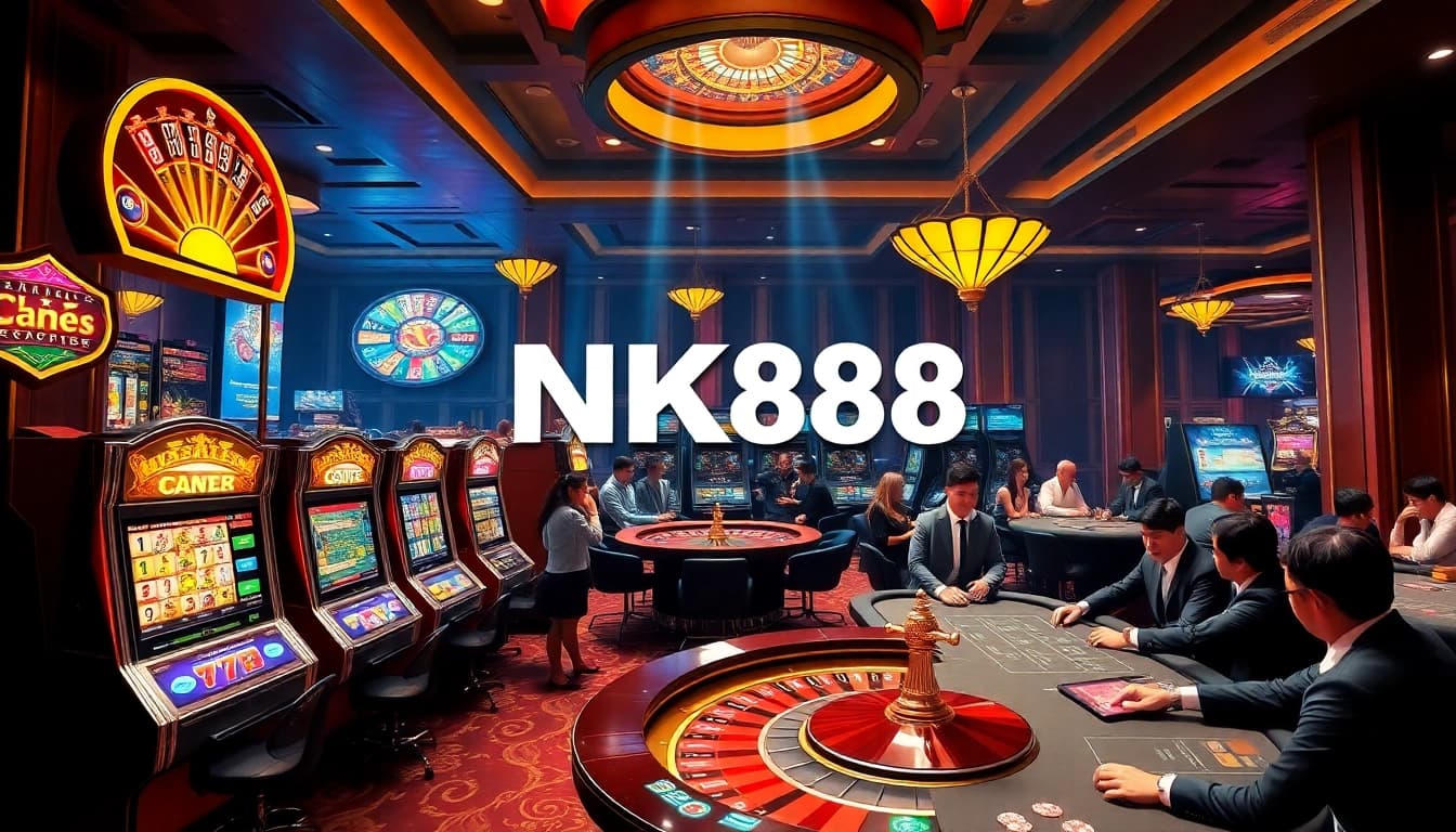 Players engaging with NK88 casino games at vibrant tables and slot machines in an elegant setting.