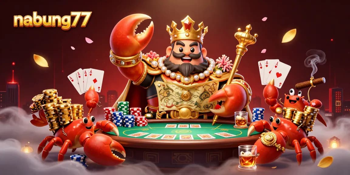 Nabung77 offers an engaging visual of a golden crab emperor holding treasure maps at an animated casino scene.