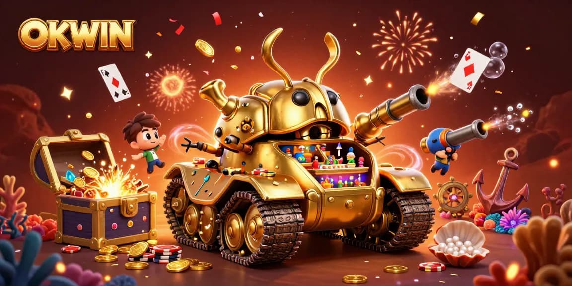 Experience fun and excitement with OKWIN's immersive 3D casino illustration featuring a unique beetle tank and casino elements.