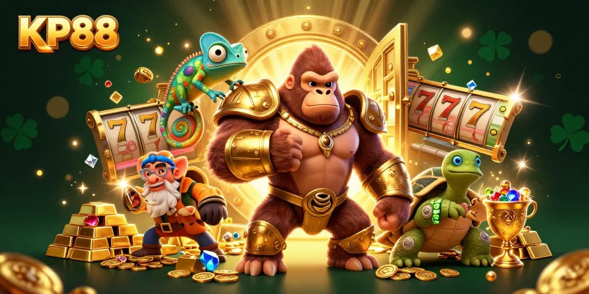 Engage with KP88's vibrant online casino scene, featuring a golden gorilla and dynamic gaming elements.